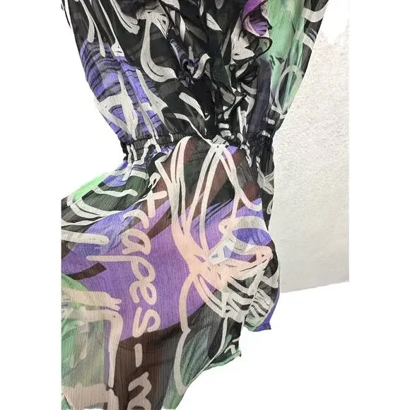 Desigual Top Womens Sz 36 Blouse Button Down Black Purple Graffiti Print Ruffles - Picture 4 of 8